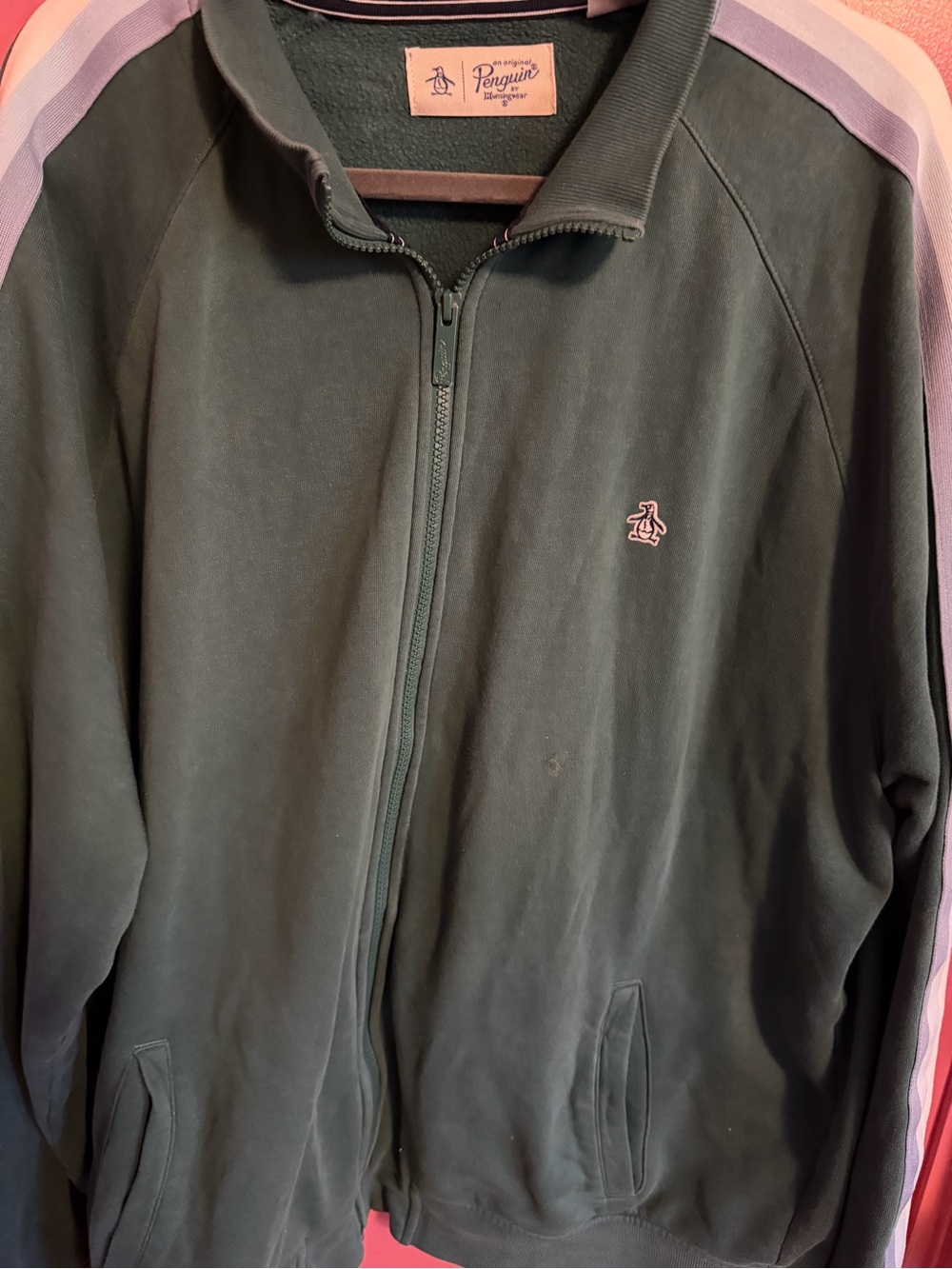 Original Penguin Dark Green Zip-Up Track Jacket with Purple Stripe